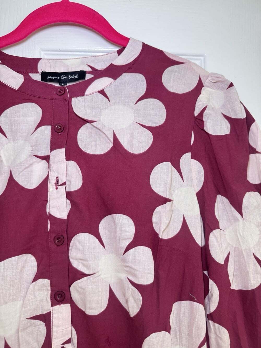 Jacquie The Label Large Burgundy Pink Floral Cotton Tiered Mini Dress NWT - Picture 3 of 10